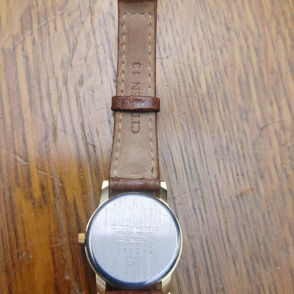 Citizen Quartz Watch Vintage Gold Tone Roman Numeral Face Date Brown Leather main image 10